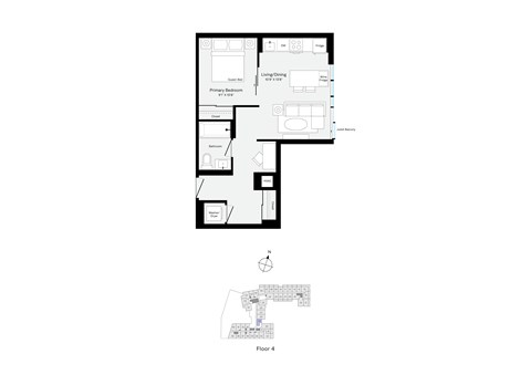 Floor plan for 1 bed, 1 bath, 524 sqft